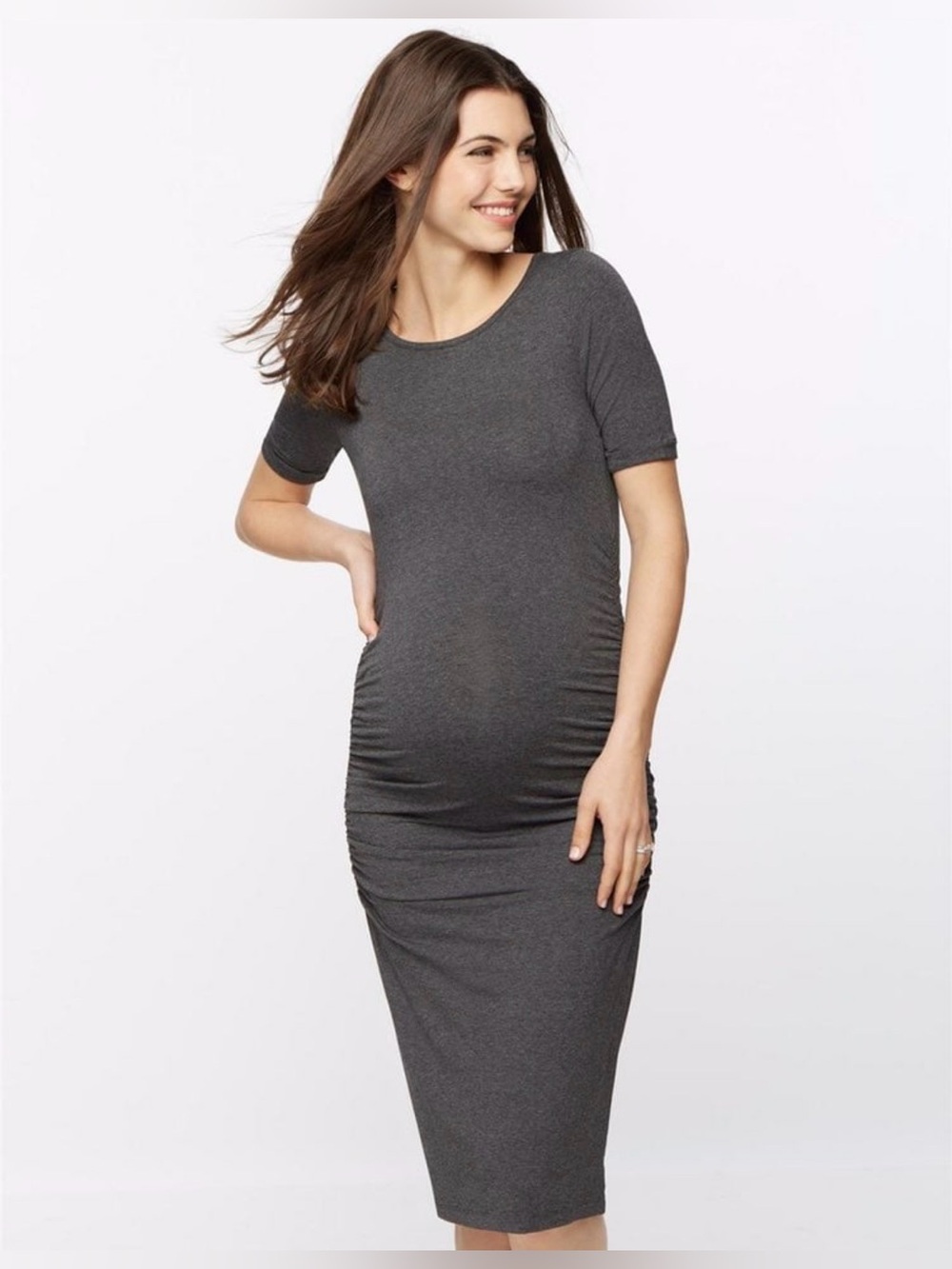 Isabella Oliver Maternity Gray Ruched Jersey Bodycon Midi Dress Short Sleeve 3